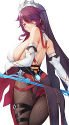 Rule 34 | 1girl, absurdres, ass, bare shoulders, blush, breasts, claw ring, covered erect nipples, elbow gloves, fishnet legwear, fishnets, genshin impact, gloves, habit, haihai (skeleton), hair over one eye, highres, large breasts, looking at viewer, looking back, multicolored hair, nun, pelvic curtain, polearm, red eyes, red hair, rosaria (genshin impact), see-through, simple background, solo, streaked hair, sweat, thigh strap, tiara, two-tone dress, veil, vision (genshin impact), weapon, white background, white gloves