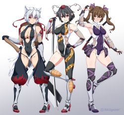 Rule 34 | 3girls, adapted costume, brown hair, commentary request, full body, gradient background, grey background, hand on own hip, highres, himekaidou hatate, holding, holding sword, holding weapon, inubashiri momiji, multiple girls, ootsuki wataru, pointy ears, pom pom (clothes), shameimaru aya, simple background, standing, sword, touhou, weapon, white hair