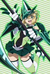 Rule 34 | 1girl, absurdres, akatsuki kirika, blonde hair, breasts, covered navel, gloves, green eyes, green leotard, highres, iwatate death, leotard, looking at viewer, medium breasts, open mouth, scythe, senki zesshou symphogear, short hair, skin tight, skindentation, skirt, smile, solo, striped clothes, striped thighhighs, thighhighs