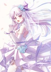 Rule 34 | 1girl, absurdres, artia, blue flower, bridal veil, chinese commentary, crying, crying with eyes open, dress, floating hair, flower, from side, hair flower, hair ornament, highres, hololive, hololive china, jewelry, jinse fu yaojing, looking at viewer, open mouth, ornate ring, parted bangs, red eyes, ring, silver hair, smile, solo, tears, thighhighs, tiara, veil, virtual youtuber, walking, wedding dress, wedding ring, white dress