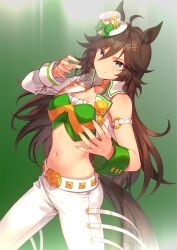 Rule 34 | 1girl, absurdres, ahoge, animal ears, armband, breasts, brown hair, choker, cleavage, closed mouth, commentary request, cropped jacket, feet out of frame, hair between eyes, hair ornament, hairclip, hat, highres, horse ears, horse girl, horse tail, jacket, long hair, looking at viewer, medium breasts, midriff, mini hat, mini top hat, motsunabe (mo2nap3), mr. c.b. (umamusume), navel, open clothes, open jacket, pants, shirt, single bare shoulder, single sleeve, single wrist cuff, smile, solo, strapless, strapless shirt, tail, top hat, umamusume, white jacket, white pants, wrist cuffs