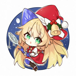 Rule 34 | akutaa, azur lane, bell, blonde hair, chibi, christmas, earrings, green eyes, hat, highres, holly, holly hat ornament, ice, jewelry, le temeraire (azur lane), scepter, solo, wizard