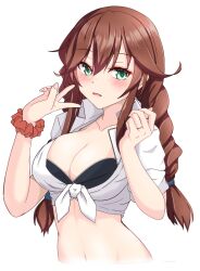Rule 34 | 1girl, absurdres, bikini, bikini top only, black bikini, braid, breasts, brown hair, cleavage, cropped torso, dress shirt, green eyes, highres, jewelry, kantai collection, large breasts, nitamako (sakamalh), noshiro (kancolle), official alternate costume, open mouth, red scrunchie, ring, scrunchie, shirt, simple background, solo, swept bangs, swimsuit, tied shirt, twin braids, upper body, w arms, wedding ring, white background, white shirt, wrist scrunchie