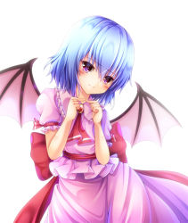 Rule 34 | 1girl, ascot, bat wings, blouse, blue hair, blush, bow, brooch, clenched hands, contrapposto, expressionless, fingers together, head tilt, index fingers together, jewelry, looking at viewer, no headwear, pink shirt, pink skirt, puffy short sleeves, puffy sleeves, red eyes, remilia scarlet, sash, shirt, short hair, short sleeves, simple background, skirt, solo, standing, touhou, white background, wings, yanagi no ki