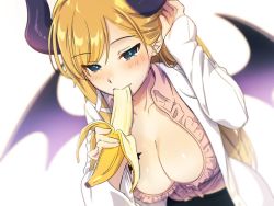 Rule 34 | 1girl, banana, blonde hair, blue eyes, blush, breasts, cleavage, coat, commentary request, demon girl, demon horns, demon wings, fellatio, food, frilled shirt, frills, fruit, holding, holding food, holding fruit, hololive, horns, hotaru iori, ichimi renge, lab coat, large breasts, long hair, long sleeves, mouth hold, oral, phallic symbol, pink skirt, sexually suggestive, shirt, simple background, simulated fellatio, skirt, solo, very long hair, virtual youtuber, white background, white coat, wings, yuzuki choco, yuzuki choco (1st costume)