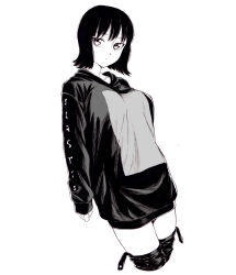 Rule 34 | 1girl, bad id, bad pixiv id, black hair, boots, breasts, closed mouth, clothes writing, collarbone, dende (dndn222), greyscale, highres, large breasts, long sleeves, looking at viewer, monochrome, original, scan, scan artifacts, short hair, solo, standing, sweater, thigh boots, traditional media