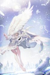 Rule 34 | 1girl, absurdres, angel, bare legs, barefoot, brown eyes, commentary request, crying, crying with eyes open, day, dress, feathered wings, feathers, forest, fujiya takao, glitter, hair flowing over, highres, lake, long legs, nature, original, outstretched arms, shadow, solo, spread arms, spread fingers, sun, tears, white dress, white feathers, white hair, wind, wings