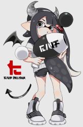 Rule 34 | 1girl, :o, ankle boots, black eyes, black hair, black shorts, black wings, blunt bangs, boots, commentary, demon tail, demon wings, dolphin shorts, fake horns, fake tail, fake wings, freckles, full body, grey background, gym shorts, holding, holding weapon, horns, inkling, inkling (language), inkling girl, inkling player character, long hair, looking at viewer, luna blaster (splatoon), maco spl, nintendo, parted lips, pointy ears, shirt, short shorts, short sleeves, shorts, simple background, solo, splatoon (series), splatoon 2, standing, tail, tentacle hair, weapon, white footwear, white shirt, wings