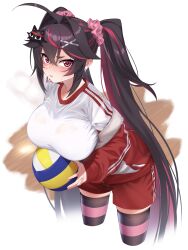 Rule 34 | 1girl, absurdres, ahoge, aigami himeka, ball, black hair, blush, breasts, cropped legs, hair between eyes, hair ornament, hairclip, highres, holding, holding ball, jacket, jersey, large breasts, long hair, looking at viewer, off shoulder, open clothes, open jacket, original, red hair, red shorts, shirt, shorts, simple background, sportswear, striped clothes, striped thighhighs, thighhighs, twintails, very long hair, white shirt, x hair ornament, yagi (ningen)