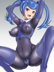 Rule 34 | 1girl, blue angel, blue eyes, blue hair, breasts, cameltoe, cleft of venus, covered erect nipples, curvy, female focus, hajime shindo, large breasts, latex, long hair, long sleeves, looking at viewer, necktie, nipples, open mouth, shiny skin, skin tight, smile, solo, thong, tongue, twintails, yu-gi-oh!, yuu-gi-ou, yuu-gi-ou vrains, zaizen aoi