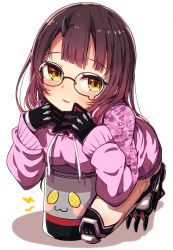 Rule 34 | 1girl, :3, absurdres, android, black-framed eyewear, black gloves, blush, blush stickers, breasts, brown eyes, brown hair, camouflage, commentary request, drawstring, full body, glasses, gloves, highres, hololive, hood, hood down, hoodie, horns, joints, lightning bolt symbol, long sleeves, looking at viewer, medium breasts, okota mikan, parted lips, pink hoodie, puffy long sleeves, puffy sleeves, roboco-san, roboco-san (hoodie), robot joints, single horn, sleeves past wrists, solo, teardrop-framed glasses, virtual youtuber, white background