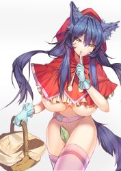 Rule 34 | 1girl, animal ears, areola slip, bad id, bad twitter id, basket, belt, black hair, blue gloves, blush, breasts, buckle, capelet, cowboy shot, finger to mouth, gloves, highres, hood, huge breasts, leaf, long hair, looking at viewer, low twintails, naeun (pinky1866), pink thighhighs, shushing, sidelocks, simple background, smile, solo, tail, thighhighs, twintails, underboob, white background, wolf ears, wolf tail, yellow eyes