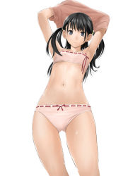 Rule 34 | 1girl, armpits, arms up, black hair, bra, cinderella bust, cowboy shot, flat chest, highres, hitori (htr t), long coat, looking at viewer, navel, original, panties, pink bra, pink panties, revision, ribbon-trimmed underwear, ribbon trim, simple background, solo, training bra, two side up, underwear, underwear only, undressing, white background