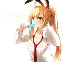 Rule 34 | 1girl, ahoge, blonde hair, breasts, character request, cleavage, collarbone, copyright request, food, green eyes, healther, highres, hot, long hair, looking at viewer, medium breasts, necktie, ponytail, popsicle, red necktie, shirt, simple background, solo, sweat, upper body, very long hair, white background, white shirt