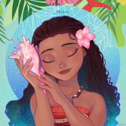Rule 34 | 1girl, bare shoulders, black hair, character name, closed eyes, conch, curly hair, dark-skinned female, dark skin, flower, hair flower, hair ornament, holding, holding seashell, holding shell, jewelry, long hair, moana (movie), moana waialiki, necklace, orange tube top, pink flower, seashell, seoyeon, shell, solo, strapless, tube top, upper body
