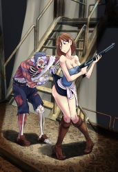 Rule 34 | 1boy, 1girl, ass, bare shoulders, boots, breasts, brown eyes, brown hair, cleavage, clothes lift, gun, highres, indoors, jill valentine, knees together feet apart, looking back, miniskirt, monster, nisego, resident evil, resident evil 3: nemesis, salt shaker, short hair, shotgun, skirt, skirt lift, stairs, strapless, tongue, tongue out, torn clothes, tube top, weapon, zombie