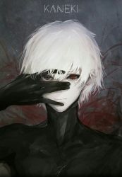 Rule 34 | 1boy, character name, closed mouth, commentary request, heterochromia, highres, kaneki ken, male focus, marumoru, short hair, solo, tokyo ghoul, upper body, white hair