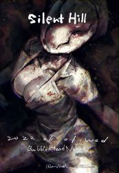 Rule 34 | 1girl, abstract background, blood, blood on breasts, blood on clothes, blood on face, breasts, character name, chromatic aberration, collarbone, copyright name, dated, hat, highres, momo jiru, nurse, nurse (silent hill), nurse cap, silent hill (series), solo, twitter username