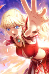 Rule 34 | 1girl, backlighting, blonde hair, blue eyes, breasts, cleavage, cleavage cutout, clenched hand, clothing cutout, commentary request, dress, final fantasy, final fantasy xiv, foreshortening, highres, hyur, long hair, looking at viewer, lyse hext, medium breasts, midriff, outstretched hand, ponytail, red dress, red shirt, shirt, solo, you haruka