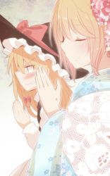 Rule 34 | 2girls, alice margatroid, alternate costume, aoi (annbi), blonde hair, blurry, blush, bow, braid, clenched teeth, closed eyes, depth of field, embarrassed, floral print, flower, hair bow, hair flower, hair ornament, hat, japanese clothes, kimono, kirisame marisa, long hair, md5 mismatch, multiple girls, own hands clasped, own hands together, resized, resolution mismatch, short hair, smile, source larger, teeth, touhou, witch hat, yellow eyes