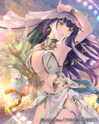 Rule 34 | 1girl, :o, arm up, armlet, black hair, bracelet, breasts, company name, falkyrie no monshou, gold trim, jewelry, large breasts, long hair, midriff, navel, official art, outdoors, solo, soukuu kizuna, standing, star (symbol), thighlet, twilight, veil, wheat, yellow eyes