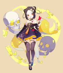 Rule 34 | 1girl, absurdres, aiee, bare shoulders, black dress, black hair, blush, bug, butterfly, double bun, dress, flat chest, full body, hair bun, highres, insect, long sleeves, open mouth, original, red eyes, shoes, short hair, skull, solo, standing, thighhighs, wide sleeves