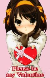 Rule 34 | 00s, 1girl, blush, chocolate, english text, heart, incoming gift, macro, simple background, solo, suzumiya haruhi, suzumiya haruhi no yuuutsu, valentine