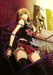 Rule 34 | 00s, 1girl, absurdres, against wall, ahoge, alternate costume, artist request, artoria pendragon (all), artoria pendragon (fate), belt, black thighhighs, blonde hair, bracelet, camisole, casual, chain, choker, contemporary, fate/stay night, fate (series), fingerless gloves, frills, gloves, green eyes, green hair, highres, jewelry, kikuchi youko, looking at viewer, matching hair/eyes, necklace, open mouth, plaid, plaid skirt, punk, ribbon, saber (fate), scan, single glove, skirt, solo, strap, tank top, thighhighs, zettai ryouiki