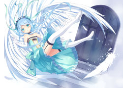 Rule 34 | 1girl, aqua dress, aqua eyes, aqua hair, bare shoulders, door, dress, elbow gloves, falling, feathered wings, feathers, full body, gloves, hair ribbon, navel, original, ribbon, shuuichi (gothics), solo, stairs, thighhighs, white background, white thighhighs, white wings, wings, zettai ryouiki