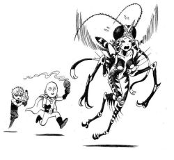 Rule 34 | 1girl, 2boys, black sclera, bug spray, colored sclera, genos, monochrome, monster girl, mosquito coil, mosquito girl, mosquito musume, multiple boys, murata yusuke, official art, one-punch man, saitama (one-punch man), simple background