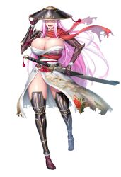 Rule 34 | 1girl, boots, breasts, character print, character sheet, cleavage, curvy, floating hair, full body, gauntlets, gloves, hat, highres, holding, holding sword, holding weapon, horns, huge breasts, japanese clothes, katana, lilith-soft, long hair, looking at viewer, no bra, obui, oni, oni horns, open mouth, pink hair, samurai, sharp teeth, shiny skin, simple background, sokushitsuki, standing, sword, taimanin (series), taimanin rpgx, teeth, thong, very long hair, weapon, white background, yellow eyes