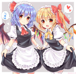Rule 34 | 2girls, alternate costume, apron, artist name, ascot, bat wings, black dress, blonde hair, blue hair, blush, border, bow, breasts, commentary request, cowboy shot, crystal, dress, enmaided, fang, flandre scarlet, frilled apron, frilled bow, frills, grey background, hair between eyes, hair bow, hair ribbon, head tilt, heart, highres, leaning forward, long hair, looking at viewer, maid, maid apron, multiple girls, musical note, neck ribbon, no headwear, one side up, open mouth, outside border, puffy short sleeves, puffy sleeves, ramudia (lamyun), red bow, red eyes, red ribbon, remilia scarlet, ribbon, shirt, short hair, short sleeves, siblings, simple background, sisters, skirt hold, small breasts, smile, spoken heart, spoken musical note, standing, thighhighs, touhou, twitter username, waist apron, white apron, white border, white legwear, white shirt, wings, wrist cuffs, yellow ribbon, zettai ryouiki