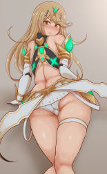 Rule 34 | &gt;:(, 1girl, ass, backless outfit, bad anatomy, bare shoulders, blonde hair, blush, butt crack, commentary request, elbow gloves, from behind, gloves, highres, long hair, looking at viewer, looking back, miniskirt, mythra (xenoblade), nintendo, ponponmaru, skirt, solo, standing, sweat, swept bangs, tiara, v-shaped eyebrows, very long hair, xenoblade chronicles (series), xenoblade chronicles 2