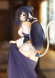 Rule 34 | 1girl, ainu clothes, animal ears, aquaplus, ass, black hair, blurry, blurry background, breasts, cat tail, cleft of venus, clothes pull, unworn clothes, crotch, decensored, dress, feet out of frame, full body, gradient eyes, highres, kuon (utawarerumono), large breasts, layered sleeves, long hair, long sleeves, looking at viewer, multicolored eyes, ponytail, pussy, raised eyebrows, scarf, see-through, see-through dress, see-through skirt, sidelocks, skirt, smile, solo, standing, swept bangs, tail, thighs, third-party edit, uncensored, utawarerumono, utawarerumono: itsuwari no kamen, variations, very long hair, white tail, wyvern s4, yellow eyes