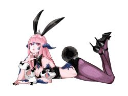 Rule 34 | 1girl, animal ears, au ra, bad id, bad pixiv id, bare shoulders, black bow, black bowtie, black footwear, black nails, blunt bangs, bow, bowtie, breasts, cleavage, closed mouth, detached sleeves, dragon girl, dragon horns, fake animal ears, fake tail, final fantasy, final fantasy xiv, fingernails, full body, groin, hand up, high heels, horns, kkaebing, legs up, long hair, looking away, looking up, lying, medium breasts, nail polish, on stomach, pantyhose, pink eyes, pink hair, puffy short sleeves, puffy sleeves, purple pantyhose, rabbit ears, rabbit tail, scales, sharp fingernails, shoes, short sleeves, simple background, solo, straight hair, tail, warrior of light (ff14), white background, wrist cuffs