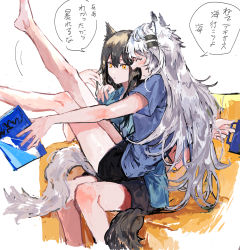 Rule 34 | 2girls, animal ears, arknights, arm around shoulder, bare legs, barefoot, black hair, black shorts, blue shirt, blush, book, closed mouth, commentary request, couch, cup, fang, grey hair, highres, holding, holding book, holding cup, lappland (arknights), legs up, long hair, multiple girls, na tarapisu153, on couch, open mouth, parted lips, shirt, short sleeves, shorts, sitting, sitting on lap, sitting on person, skin fang, speech bubble, t-shirt, tail, texas (arknights), translation request, wolf ears, wolf girl, wolf tail, yellow eyes