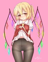 Rule 34 | 1girl, artist name, bat wings, black pantyhose, blonde hair, blush, bow, bow panties, clothes lift, crystal, dated, embarrassed, flandre scarlet, haruki (colorful macaron), lifting own clothes, looking at viewer, nose blush, one side up, panties, panties under pantyhose, pantyhose, pink panties, puffy short sleeves, puffy sleeves, red eyes, red skirt, red vest, short sleeves, side ponytail, skirt, skirt lift, skirt set, solo, standing, thighband pantyhose, touhou, underwear, vest, wings