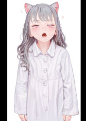 Rule 34 | 1girl, animal ear fluff, animal ears, artist name, blush, cat ears, collared shirt, fang, feiqizi (fkey), fkey, grey hair, highres, long hair, open mouth, original, oversized clothes, pink eyes, shirt, simple background, sleepy, sleeves past wrists, solo, upper body, white shirt