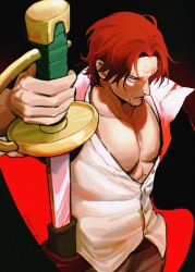 Rule 34 | 1boy, artist request, black cape, cape, facial hair, highres, holding, holding sword, holding weapon, looking to the side, manly, muscular, one piece, pectorals, red hair, scar, scar across eye, scar on face, shanks (one piece), shirt, short hair, simple background, solo, sword, twitter username, weapon, white shirt
