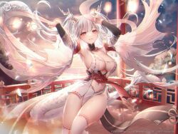 Rule 34 | 1girl, armpits, arms up, azur lane, backlighting, bare shoulders, breasts, center opening, cleavage, detached collar, detached sleeves, dragon horns, dragon tail, floating hair, grin, horns, japanese clothes, large breasts, long hair, looking at viewer, navel, no bra, no panties, obi, official art, outdoors, ozzingo, pelvic curtain, red eyes, revealing clothes, sash, shimanto (azur lane), smile, solo, stomach, sunset, tail, thighhighs, thighs, two side up, very long hair, wet, white hair, white thighhighs