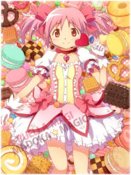 Rule 34 | 10s, 1girl, bad id, bad pixiv id, candy, cookie, copyright name, food, gloves, hair ribbon, kaname madoka, lollipop, looking at viewer, macaron, mahou shoujo madoka magica, mahou shoujo madoka magica (anime), md5 mismatch, official style, pastry, pink eyes, pink hair, pretzel, ribbon, shiomiya (moshimoshi102), short hair, skirt, smile, solo, twintails, white gloves