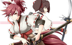 Rule 34 | 2girls, animal ears, azur lane, back-to-back, brown eyes, brown hair, brown hakama, commentary request, cosplay, crossover, detached sleeves, fox ears, fox tail, gudon (iukhzl), hair ribbon, hakama, hakama skirt, highres, historical name connection, ise (azur lane), ise (kancolle), ise (kancolle) (cosplay), japanese clothes, kantai collection, katana, long hair, multiple girls, naginata, name connection, polearm, ponytail, ribbon, sheath, short hair, skirt, sword, tail, undershirt, weapon, white background