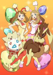Rule 34 | 2girls, :d, absurdres, alternate color, animal ears, brown hair, choker, collarbone, commentary request, cosplay, creatures (company), easter, egg, eyelashes, fake animal ears, game freak, gen 2 pokemon, gen 4 pokemon, grey eyes, hairband, hand up, highres, long hair, lopunny, may (pokemon), may (pokemon) (cosplay), may (spring 2021) (pokemon), multiple girls, nintendo, official alternate costume, open mouth, orange background, osugyino (giura2447), pantyhose, pink choker, pink footwear, pokemon, pokemon (creature), pokemon masters ex, pokemon xy, red pantyhose, serena (pokemon), shoes, short sleeves, smile, teeth, togepi, tongue, upper teeth only, wrist cuffs, yellow choker, yellow footwear, yellow hairband, yellow pantyhose