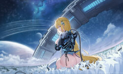 1girl absurdres ass blonde_hair braid breasts cable commentary_request field flower flower_field from_behind hair_ornament highres knight_fault long_hair looking_to_the_side mechanical_arms original outdoors planet scenery science_fiction sitting sky star_(sky) starry_sky thighhighs three_quarter_view very_long_hair