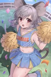 Rule 34 | 1girl, absurdres, animal ears, armpits, azen (mntimcczgrtn), blue shirt, blue skirt, cheerleader, commission, confetti, english text, grass, grey hair, highres, mouse ears, mouse tail, navel, nazrin, shirt, skeb commission, skirt, smile, solo, stadium, sweat, tail, thighs, touhou