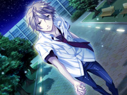 Rule 34 | 1boy, bench, black necktie, blush, collared shirt, game cg, looking at viewer, male focus, miyaji ryunosuke, necktie, outdoors, pants, park, park bench, path, road, shirt, sky, solo, starry sky (game)