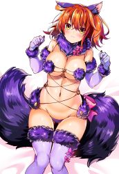 Rule 34 | 1girl, ahoge, animal ears, bare shoulders, blush, bow, breasts, cleavage, closed mouth, commentary request, cosplay, detached collar, elbow gloves, fate/grand order, fate (series), fujimaru ritsuka (female), fur-trimmed gloves, fur-trimmed legwear, fur collar, fur trim, gloves, gluteal fold, groin, hair between eyes, highres, knees together feet apart, lace, lace-trimmed legwear, lace trim, large breasts, looking at viewer, mash kyrielight, mash kyrielight (dangerous beast), mash kyrielight (dangerous beast) (cosplay), navel, official alternate costume, one side up, orange hair, paw pose, pawoo username, pink bow, purple gloves, purple thighhighs, revealing clothes, revision, ruri rarako, short hair, sitting, smile, solo, stomach, tail, tareme, thigh gap, thighhighs, w arms, wolf ears, wolf tail, yellow eyes