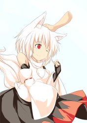 Rule 34 | 1girl, animal ears, bare shoulders, blush, breasts, detached sleeves, fingerless gloves, gloves, head pat, inubashiri momiji, kokutei n, one eye closed, headpat, pom pom (clothes), red eyes, short hair, silver hair, small breasts, solo, tail, touhou, wink, wolf ears, wolf tail