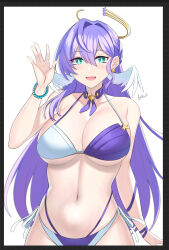 Rule 34 | 1girl, :d, aori sora, aqua eyes, bare arms, bare shoulders, bead bracelet, beads, bikini, black border, border, bracelet, breasts, bright pupils, choker, commentary, hair intakes, hand up, highres, honkai: star rail, honkai (series), jewelry, large breasts, long hair, looking at viewer, navel, open mouth, purple bikini, purple choker, purple hair, robin (honkai: star rail), simple background, smile, solo, stomach, swimsuit, two-tone bikini, upper body, very long hair, white background, white bikini, white pupils