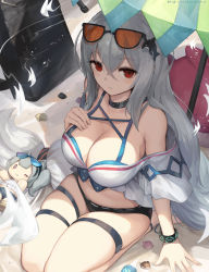 Rule 34 | 1girl, arknights, arm support, asicah, bare shoulders, breasts, character doll, cleavage, commentary, eyewear on head, grani (arknights), hair ornament, hand on own chest, large breasts, long hair, looking at viewer, midriff, no headwear, off-shoulder shirt, off shoulder, official alternate costume, red eyes, seiza, shirt, short sleeves, silver hair, sitting, skadi (arknights), skadi (waverider) (arknights), skindentation, solo, stomach, sunglasses, thigh strap, thighs, very long hair, white shirt